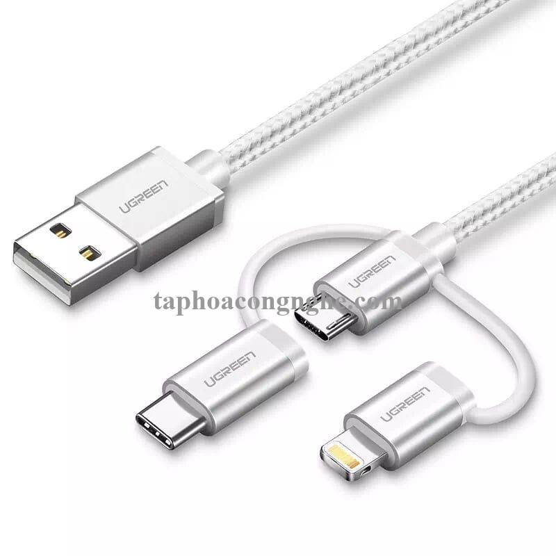 Ugreen 30460 0.5M màu Trắng Cáp sạc đa năng USB sang TypeC + Micro + Lightning US186 30030460